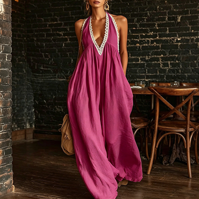 Cotton Lace Trim Sleeveless Jumpsuit