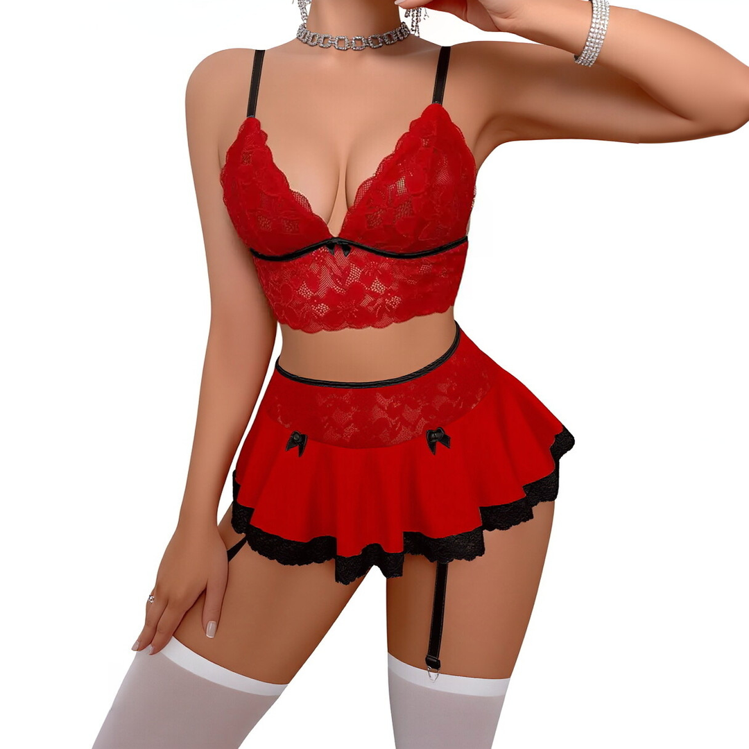 Women’s Lace Lingerie Set – Ruffle Skirt &amp; Garter Detail