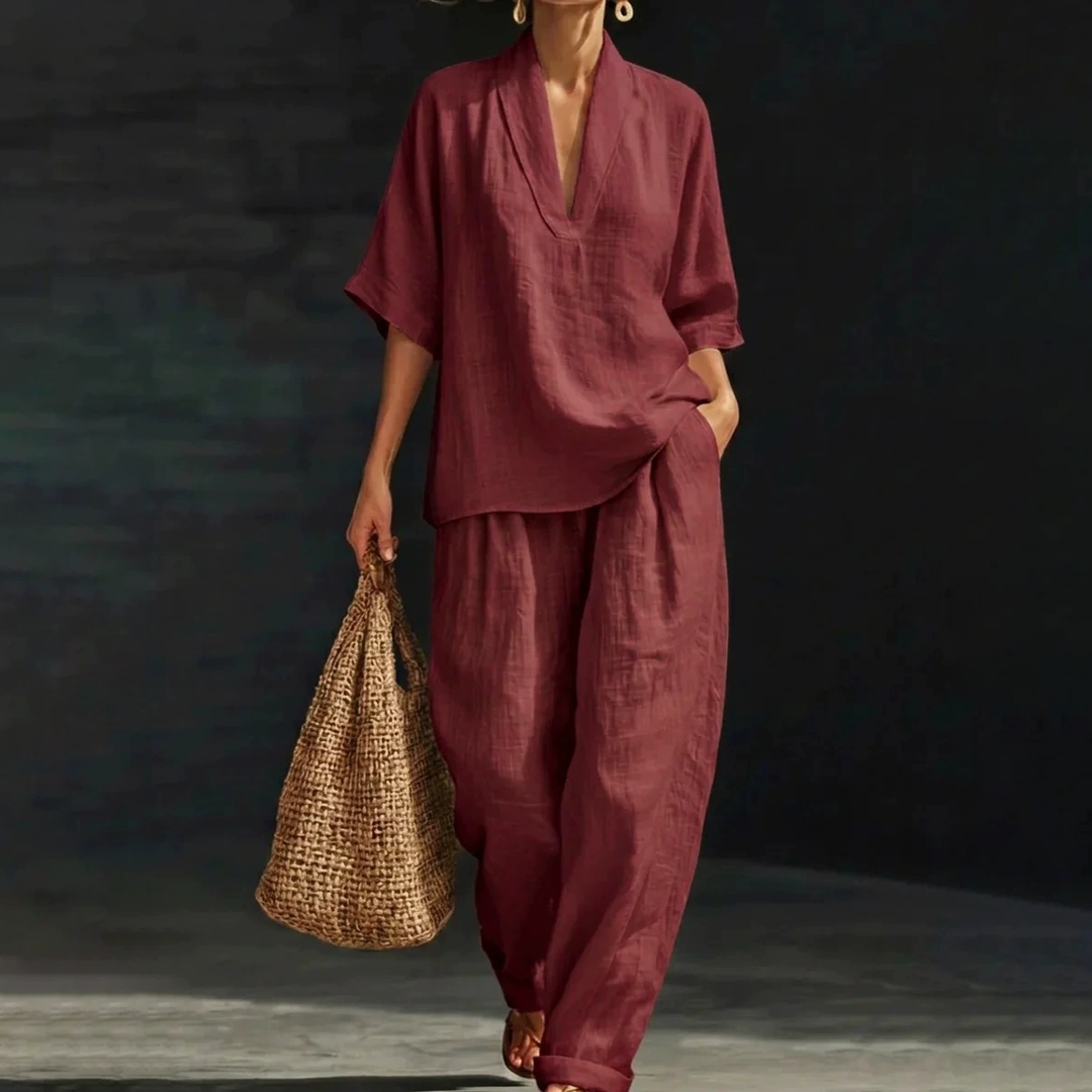 Linen Blend V-Neck Wide Leg Lounge Set