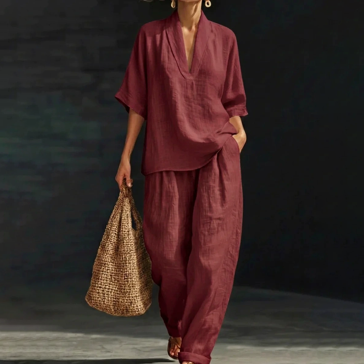 Linen Blend V-Neck Wide Leg Lounge Set