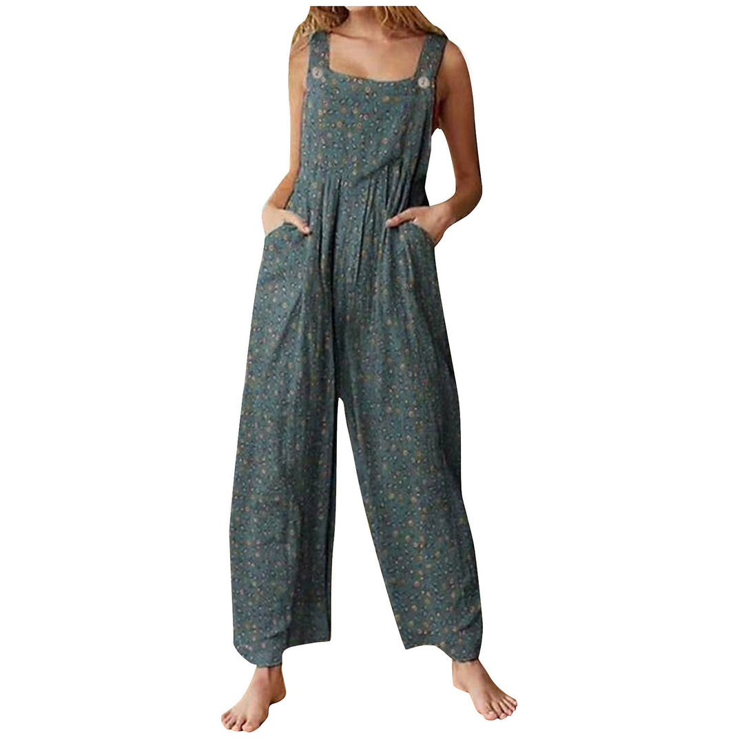 Bohemian Print Wide Leg Jumpsuit with Pockets