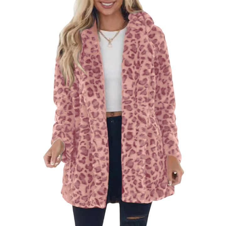 Women’s Leopard Print Faux Fur Coat – Cozy Oversized Jacket with Pockets