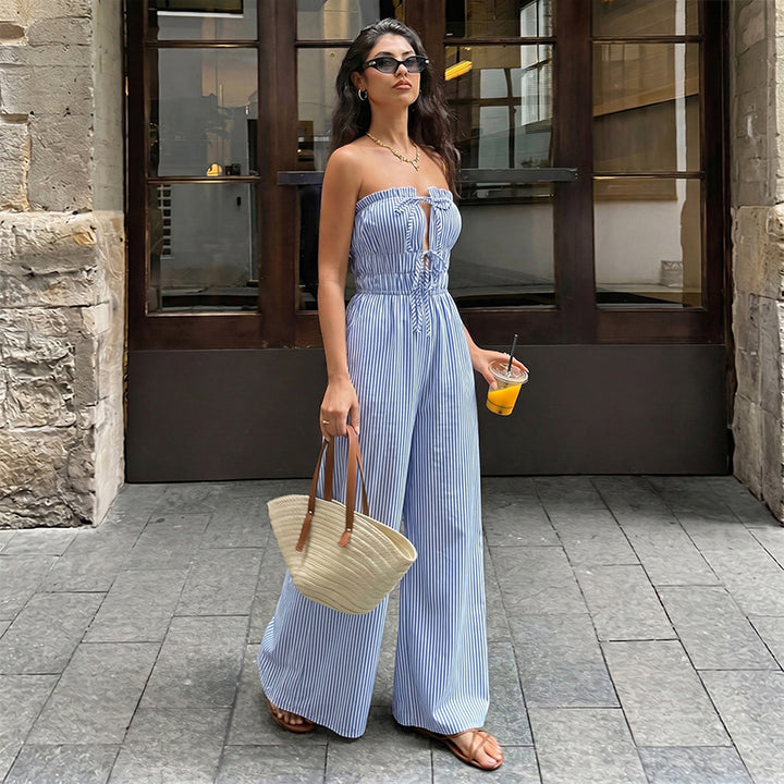 Striped Strapless Wide Leg Jumpsuit