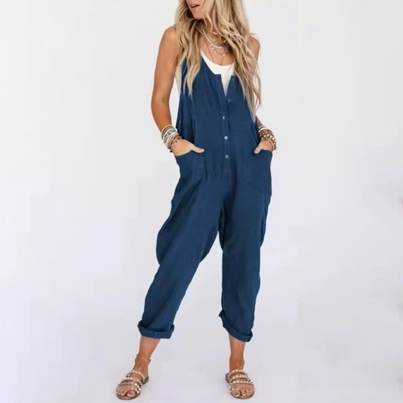 cotton and linen blend sleeveless loose jumpsuit