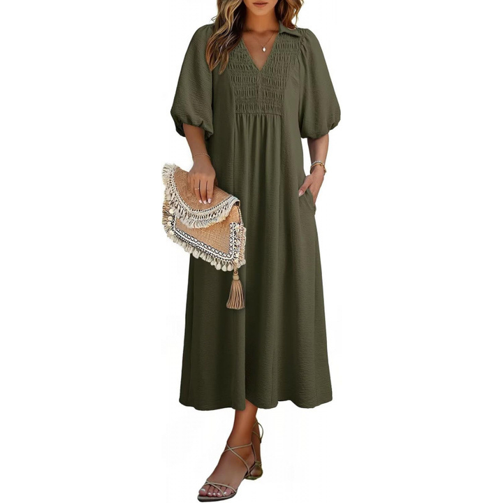 Relaxed Smocked V-Neck Midi Dress