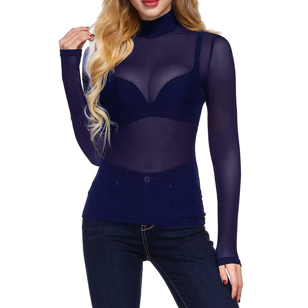 Sheer Mesh Turtleneck Slim Fit Top