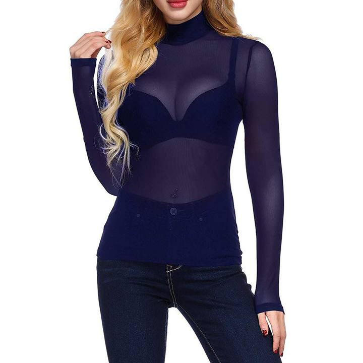 Sheer Mesh Turtleneck Slim Fit Top