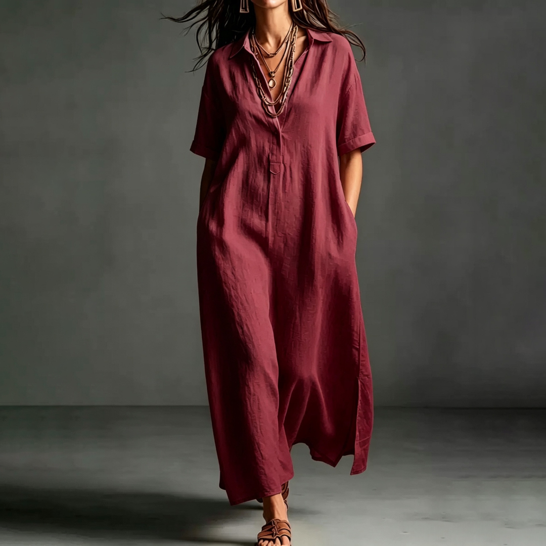 Linen Blend Collared Maxi Dress