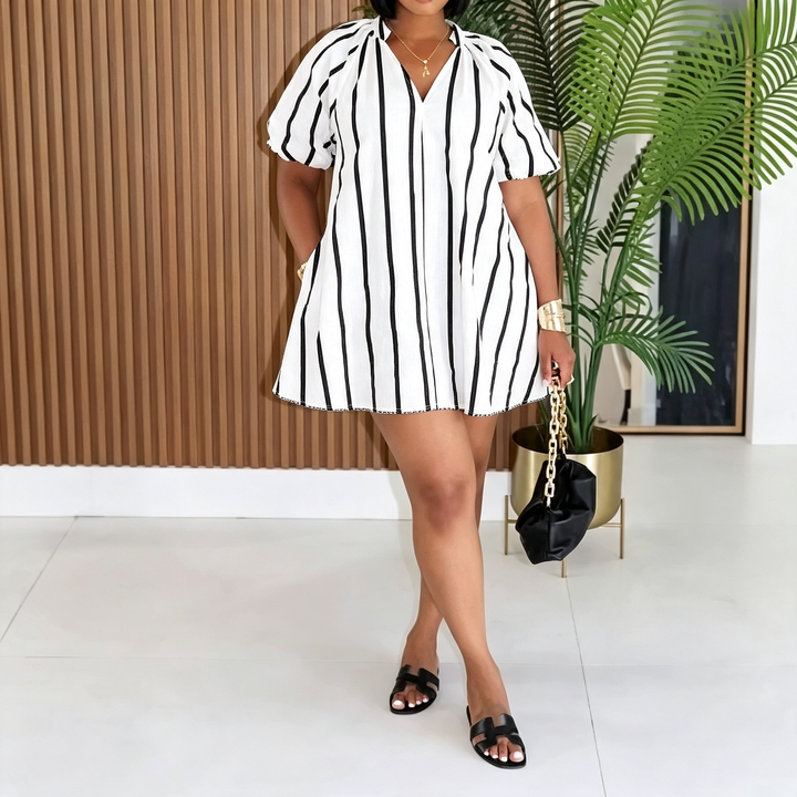 Elegant Striped Puff Sleeve Mini Dress