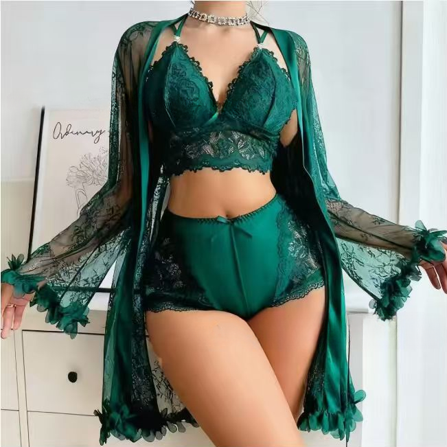 Women’s Lace Lingerie Set – 3-Piece with Robe