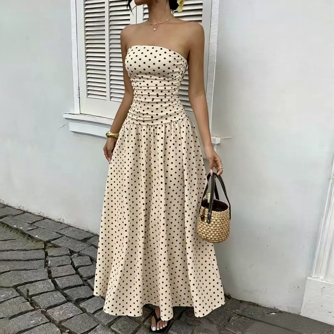 Strapless Polka Dot A-Line Maxi Dress