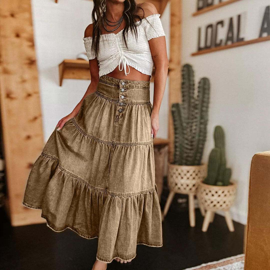 Premium Boho Tiered Denim Maxi Skirt