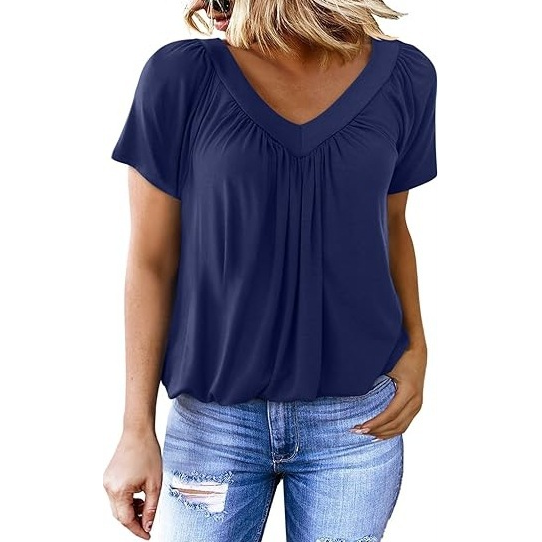 Casual V-Neck Shirred Short Sleeve Top