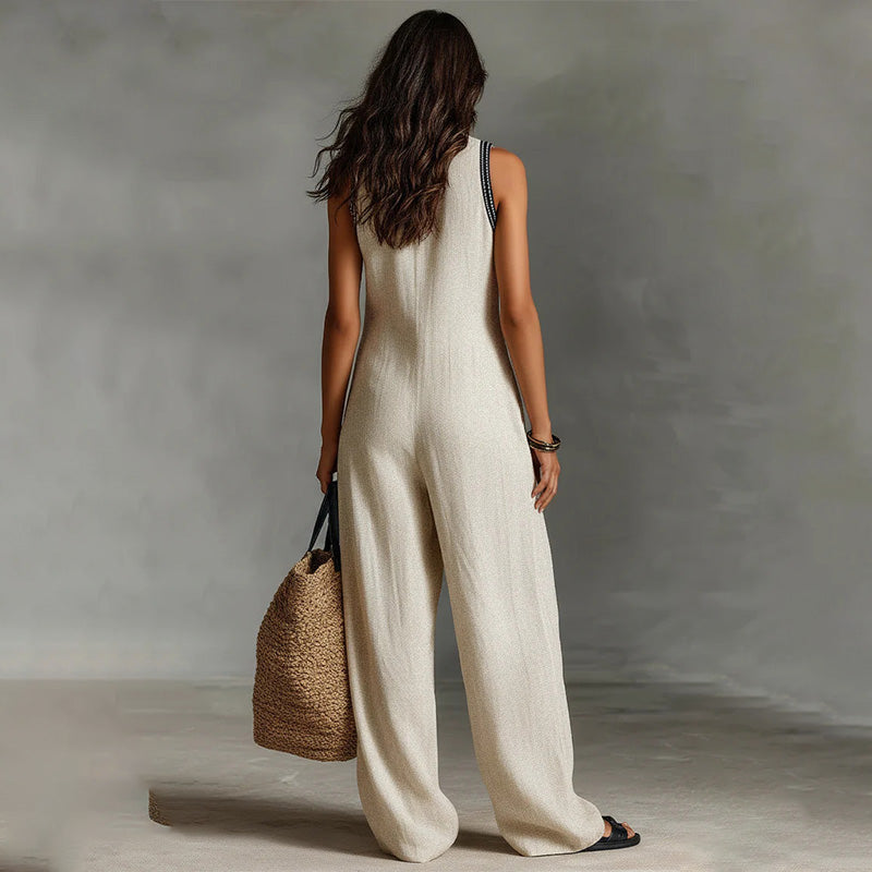 Linen Blend Sleeveless Zip-Front Jumpsuit