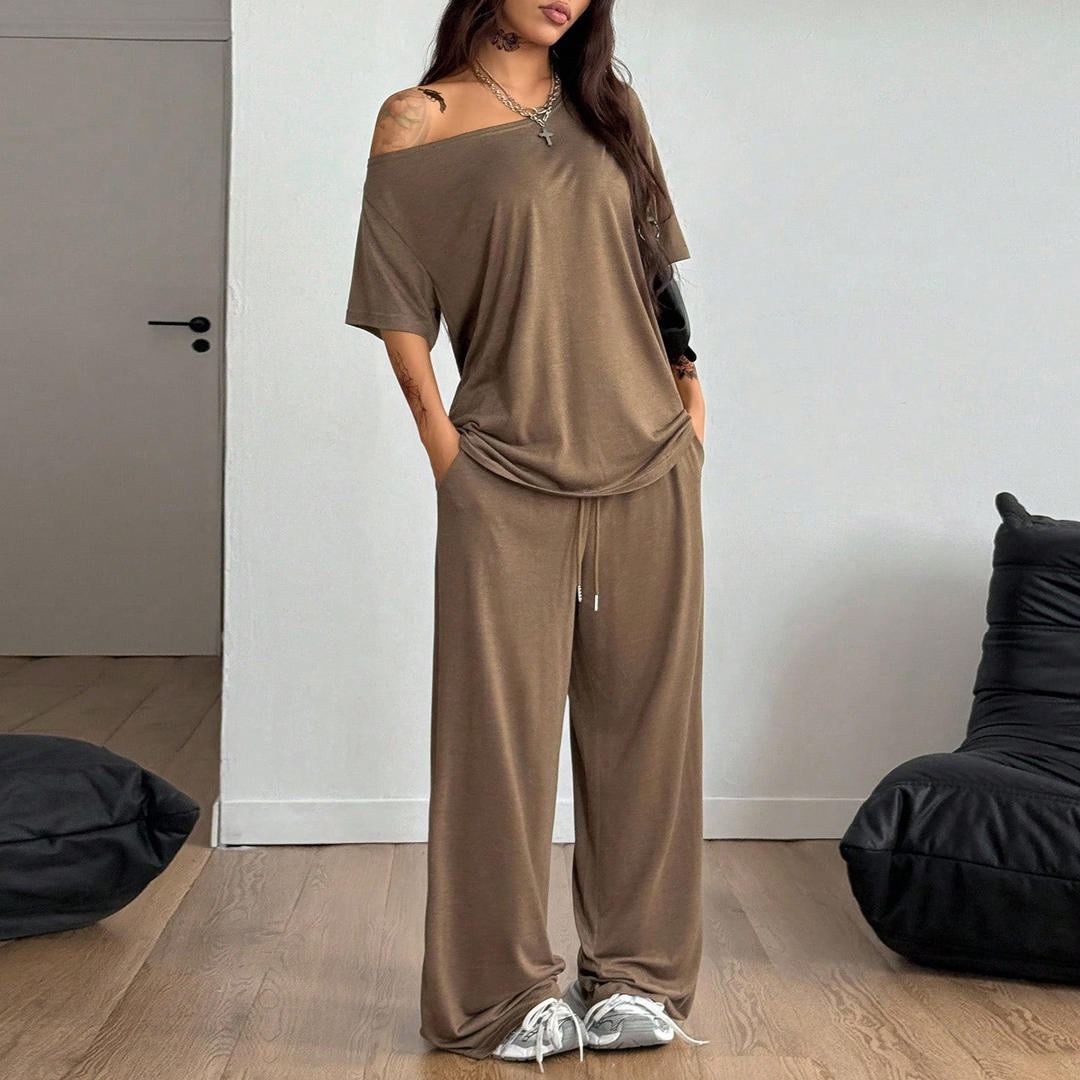 Off-shoulder wide-leg casual set