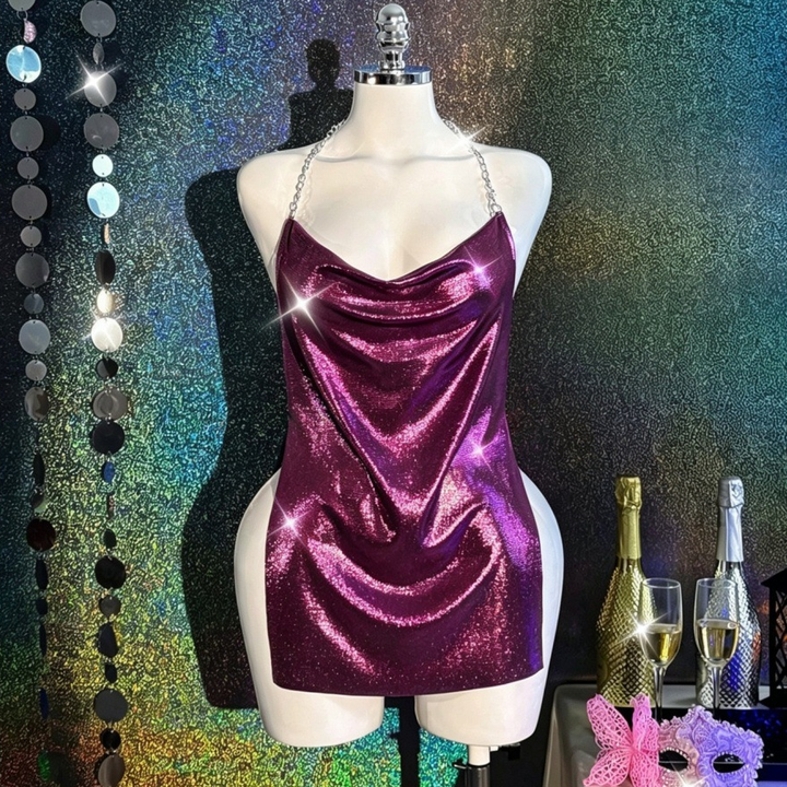 Women’s Metallic Chain Halter Mini Dress