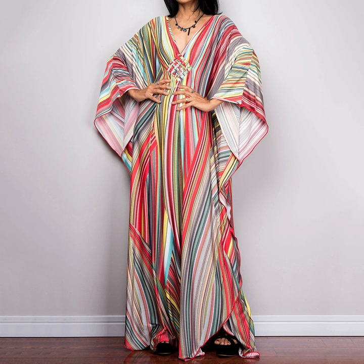 Relaxed Boho Off-Shoulder Striped Maxi Dress