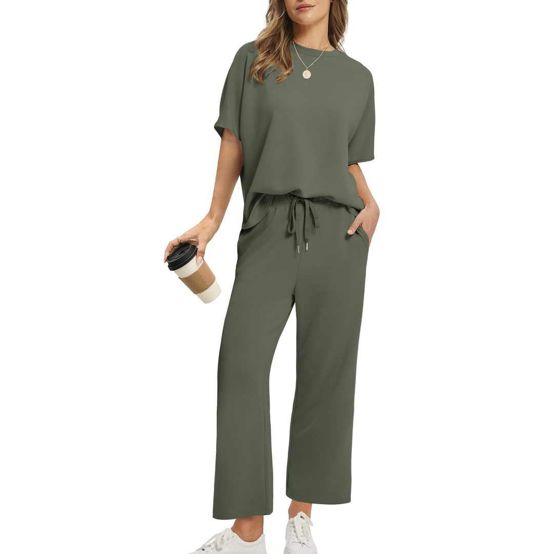 Round Neck Top &amp; Wide Leg Pants Set