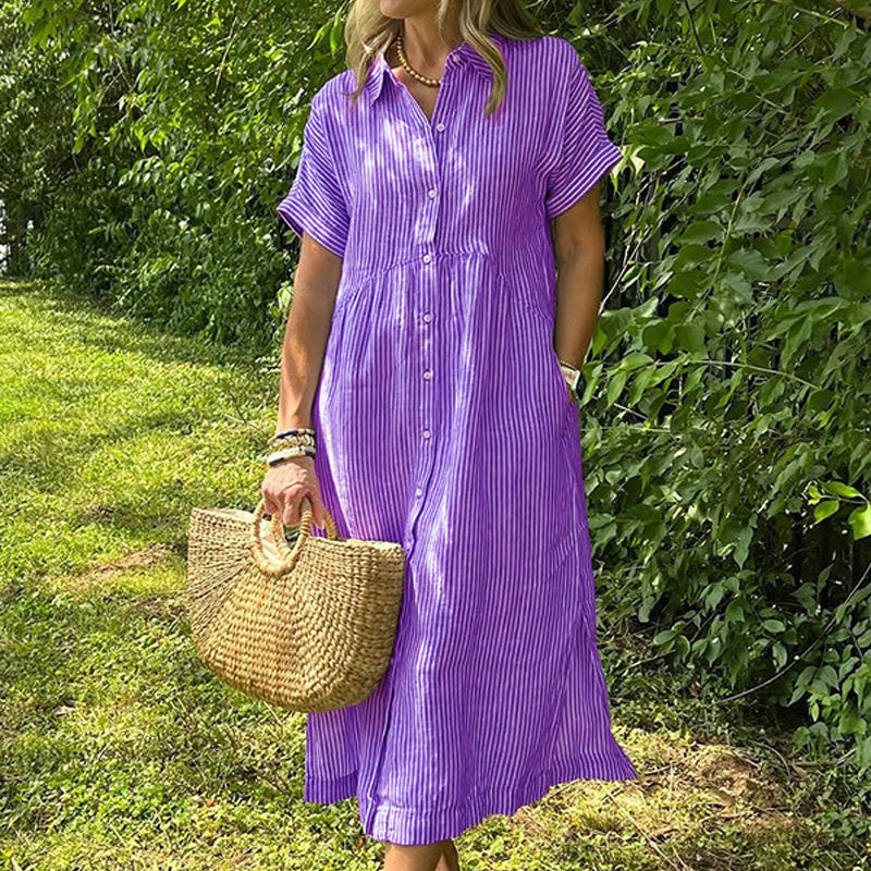 Relaxed Striped Cotton Linen Shirt Dress