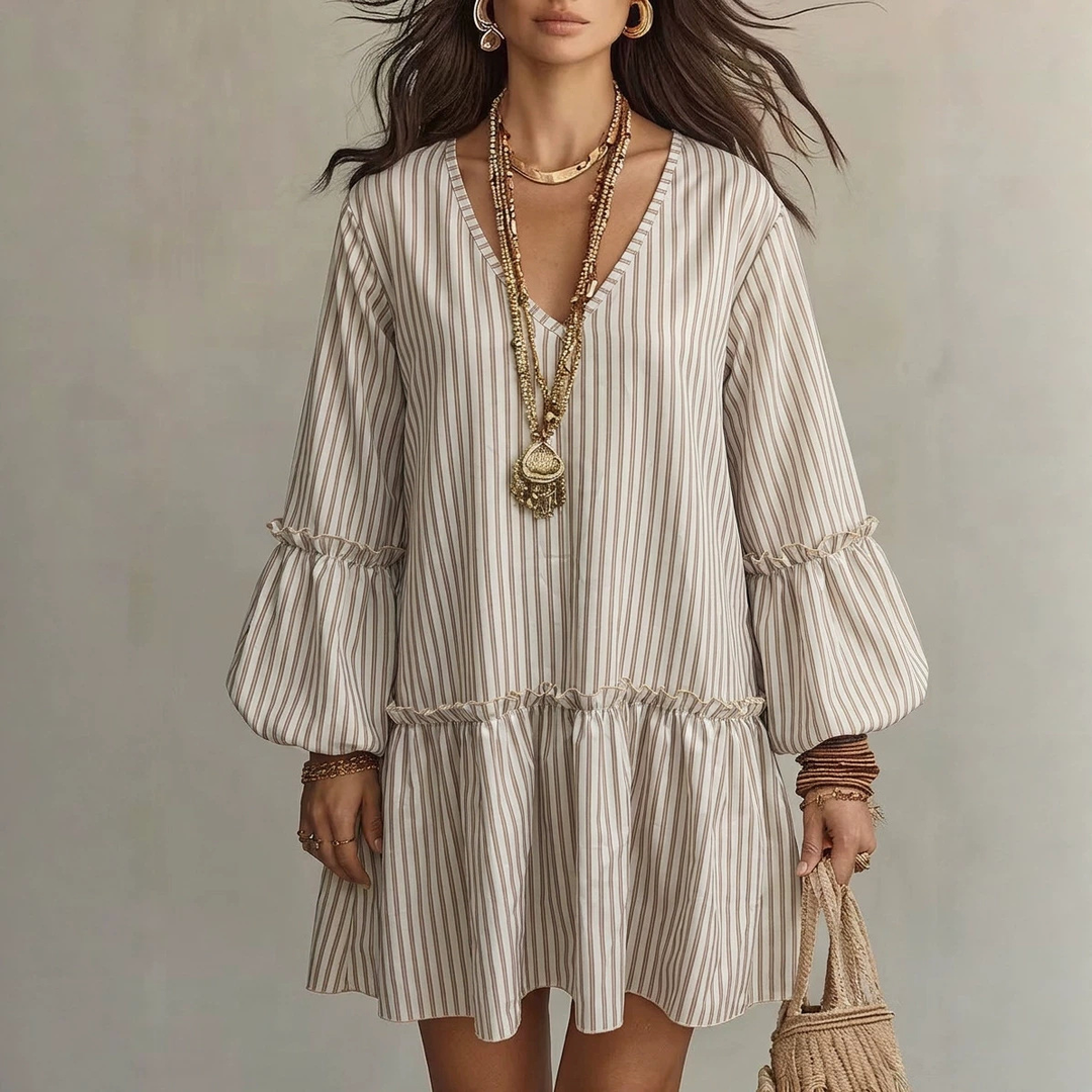 Elegant Striped Puff Sleeve Dress
