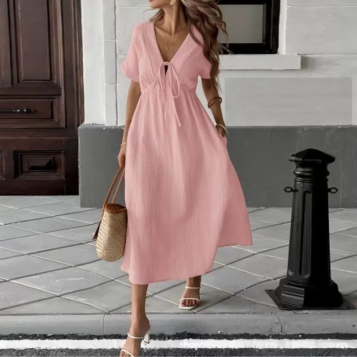 Elegant Cotton Gauze Tie-Front Midi Dress