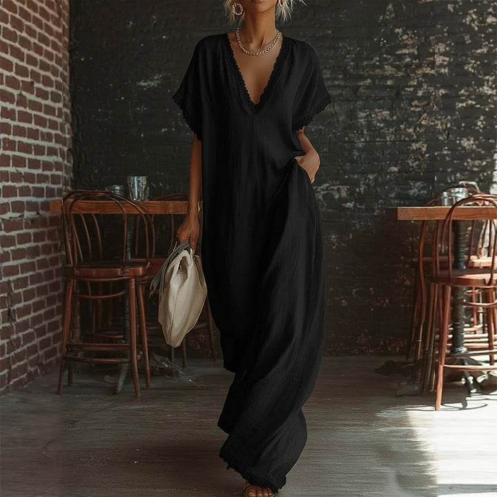 Linen Blend Lace Trim Maxi Dress