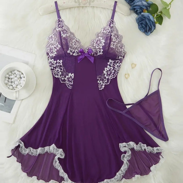 Contrast Lace Bow Mesh Slip Set