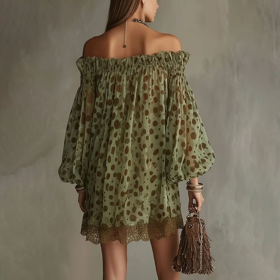 Bohemian-style off-shoulder polka dot mini dress