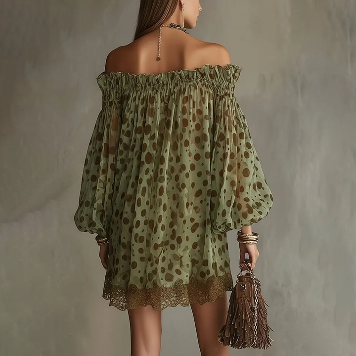 Bohemian-style off-shoulder polka dot mini dress