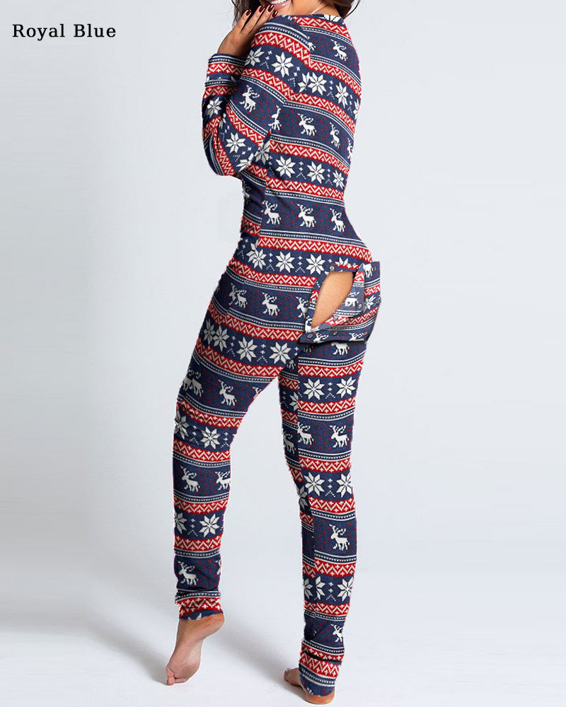 Button Flap Adult Pajamas Christmas Long Sleeve Home Clothes Jumpsuit