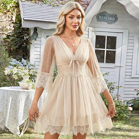 Elegant Lace Trim Swiss Dot Mini Dress