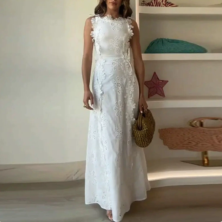White Floral Lace Tie Waist Maxi Dress