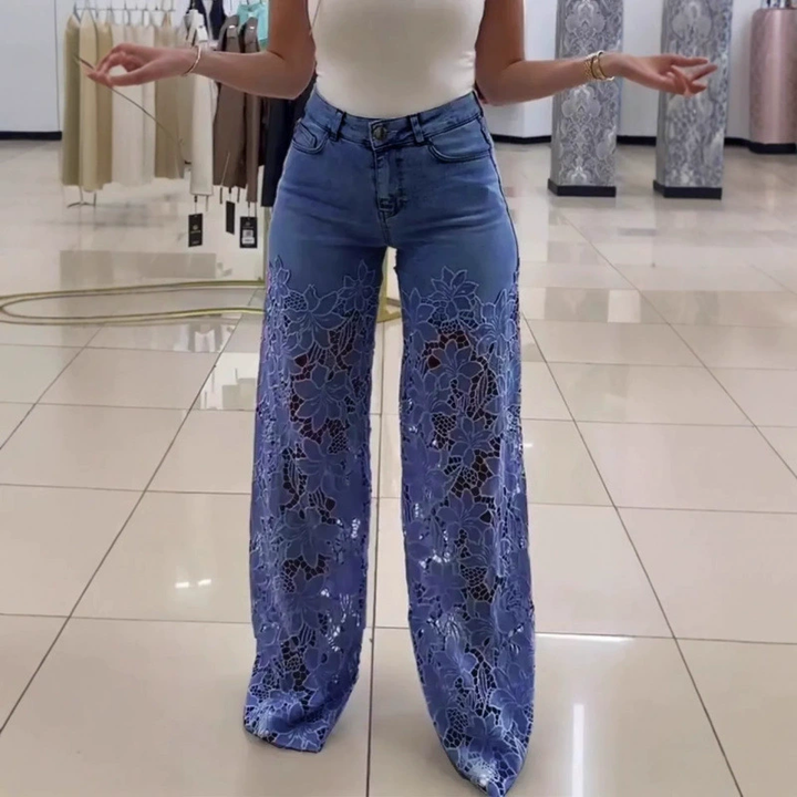High-Waisted Floral Lace Wide Leg Jeans