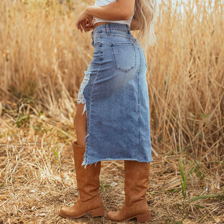 Asymmetrical Distressed Denim Midi Skirt