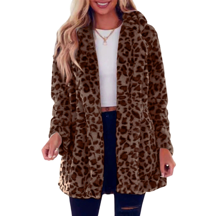 Women’s Leopard Print Faux Fur Coat – Cozy Oversized Jacket with Pockets