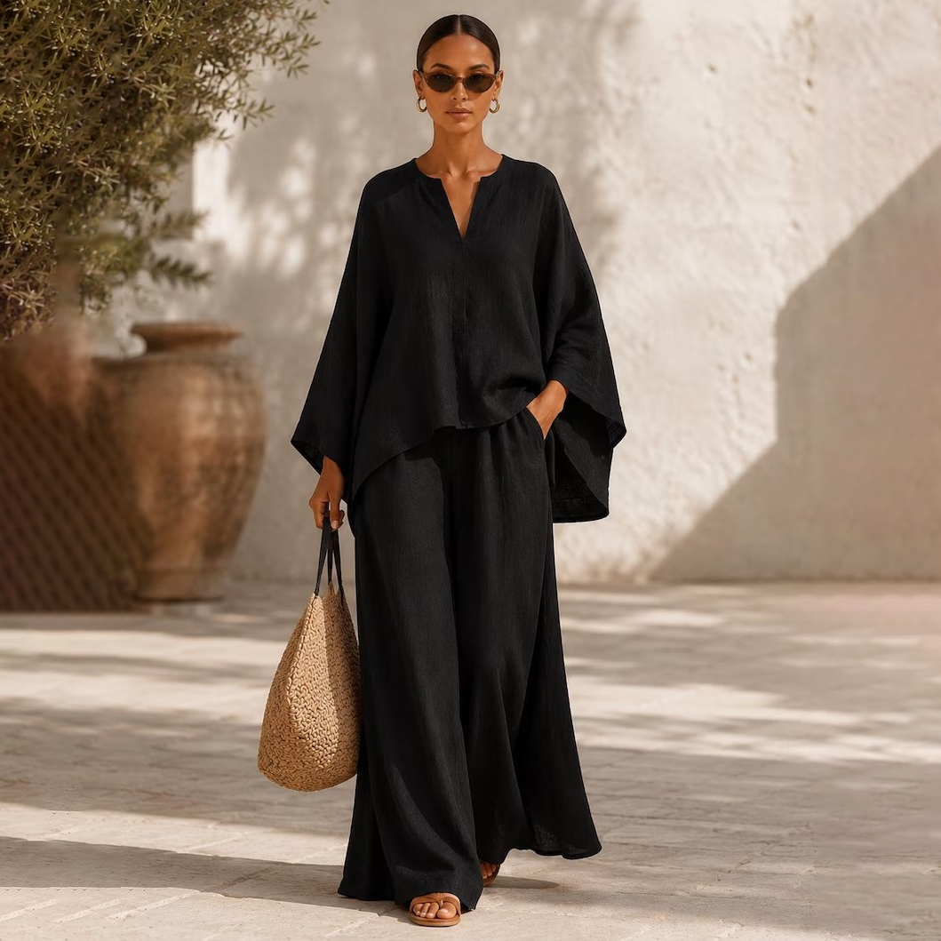 Batwing Sleeve V-Neck Top &amp; Wide Leg Pants Set