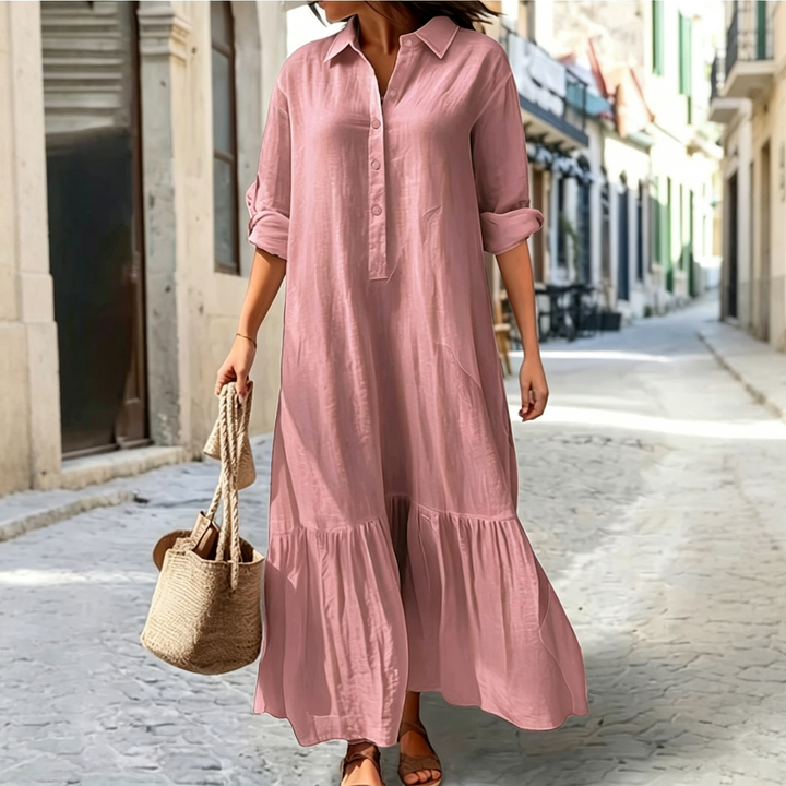 Linen Blend Tiered Shirt Maxi Dress