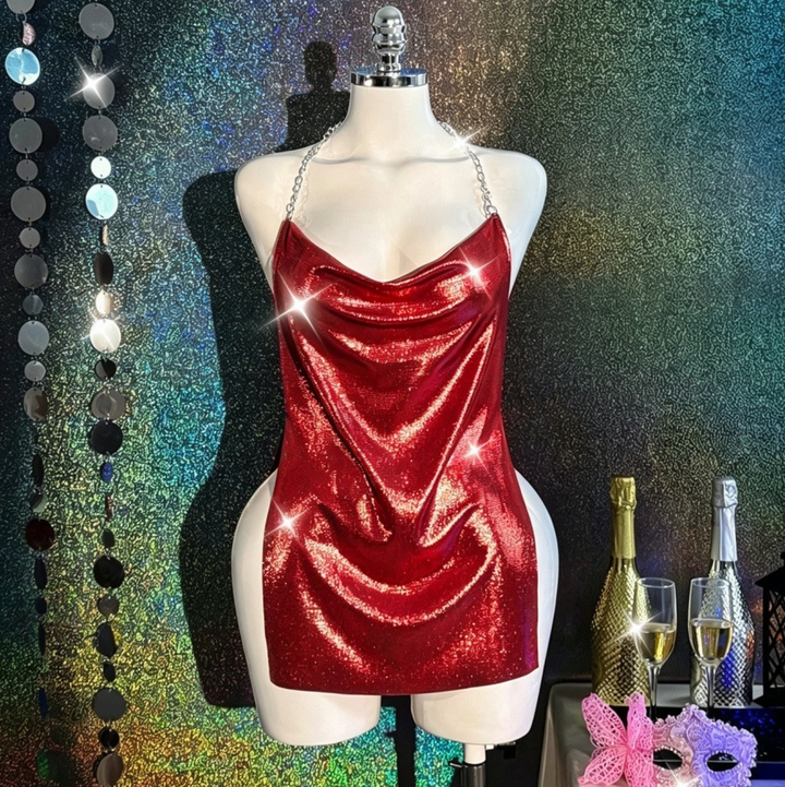 Women’s Metallic Chain Halter Mini Dress