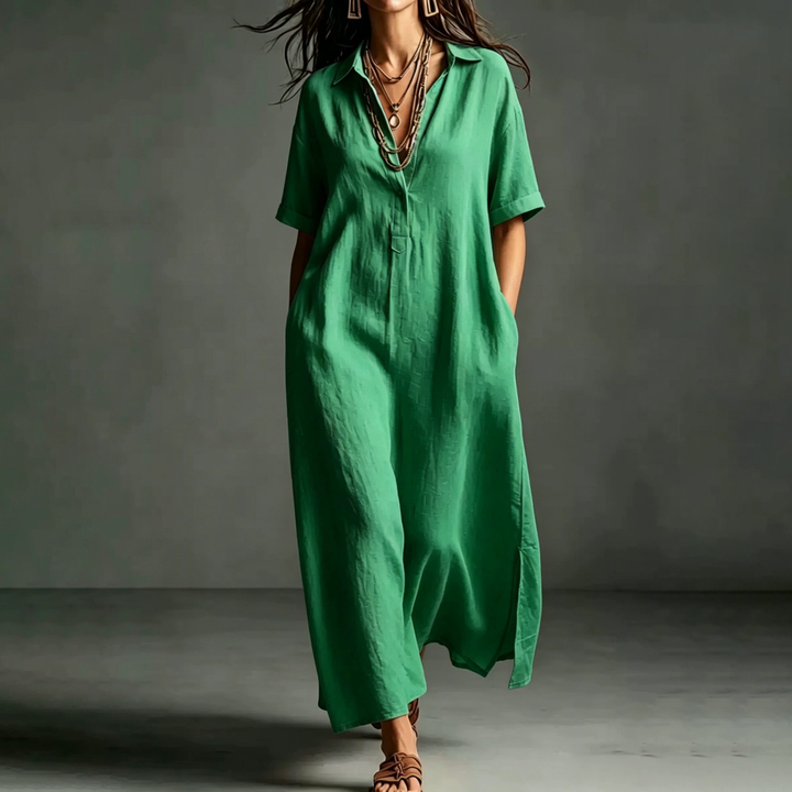 Linen Blend Collared Maxi Dress