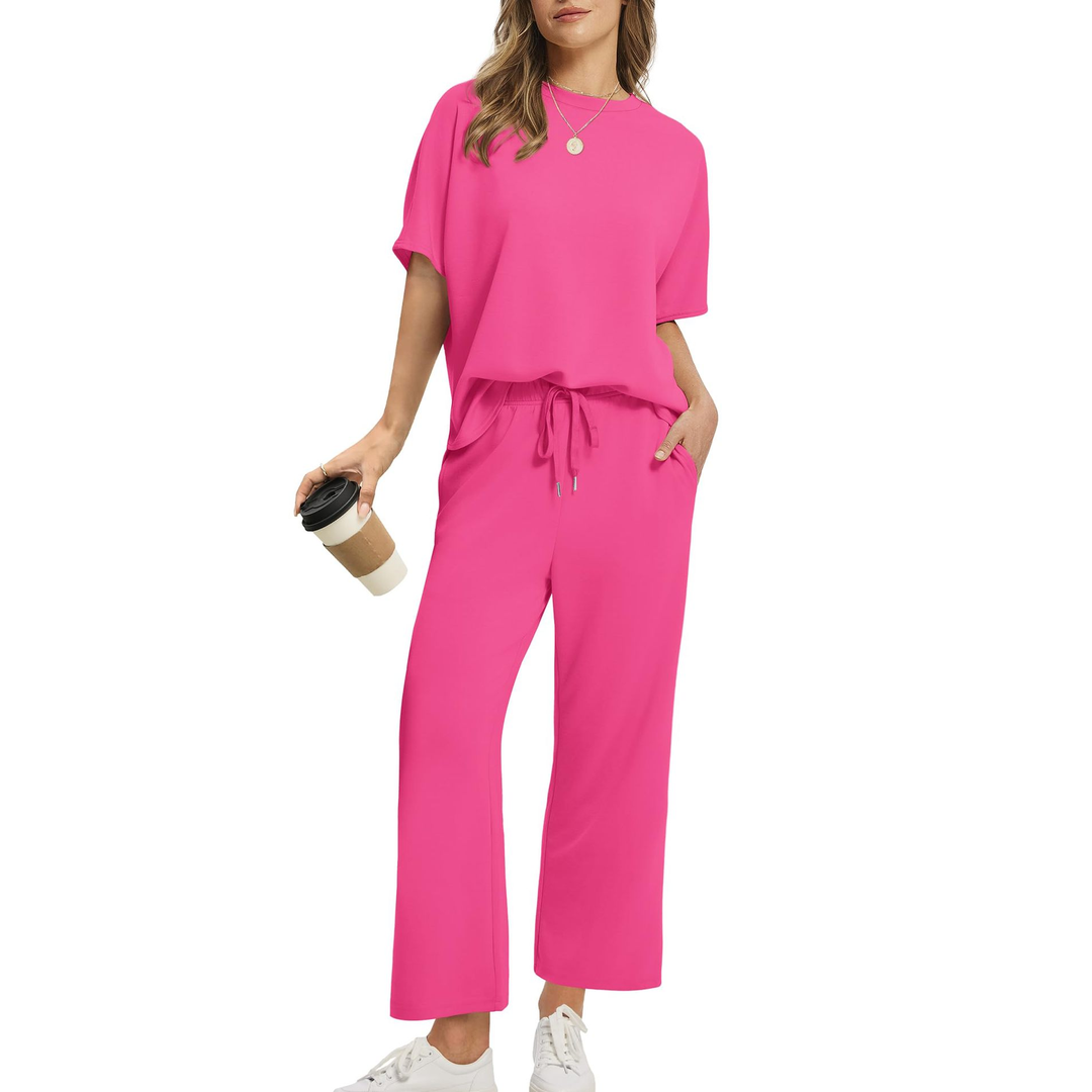 Round Neck Top &amp; Wide Leg Pants Set