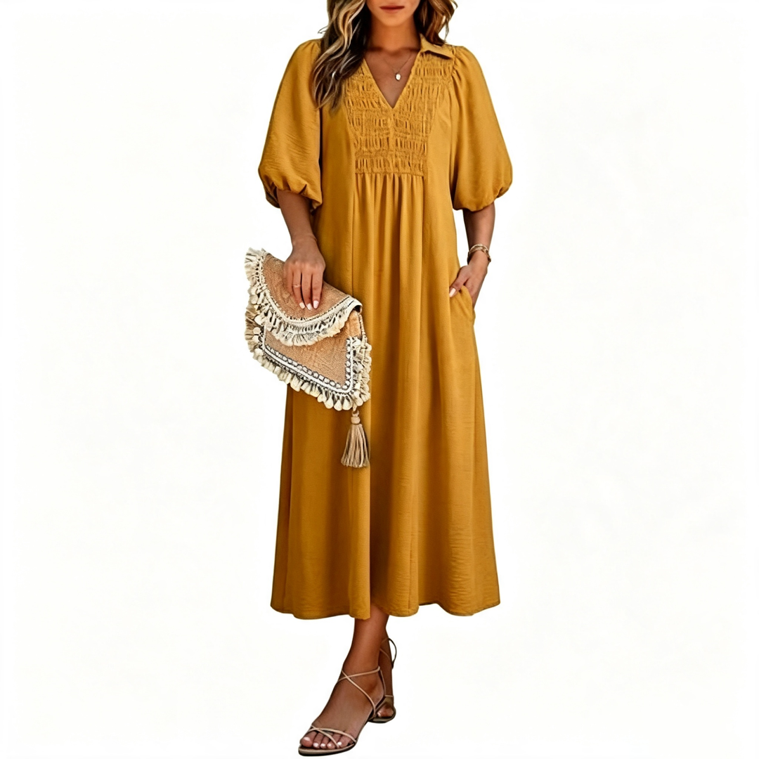 Relaxed Smocked V-Neck Midi Dress