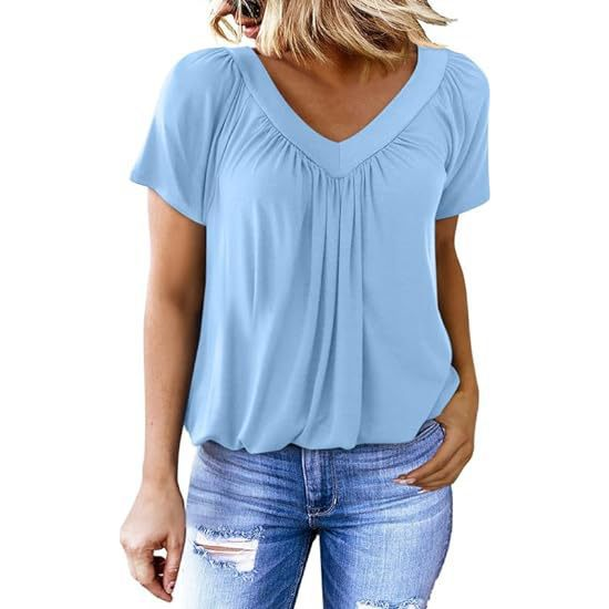 Casual V-Neck Shirred Short Sleeve Top
