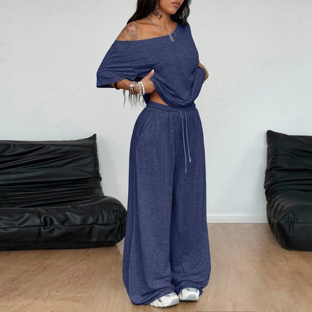 Off-shoulder wide-leg casual set