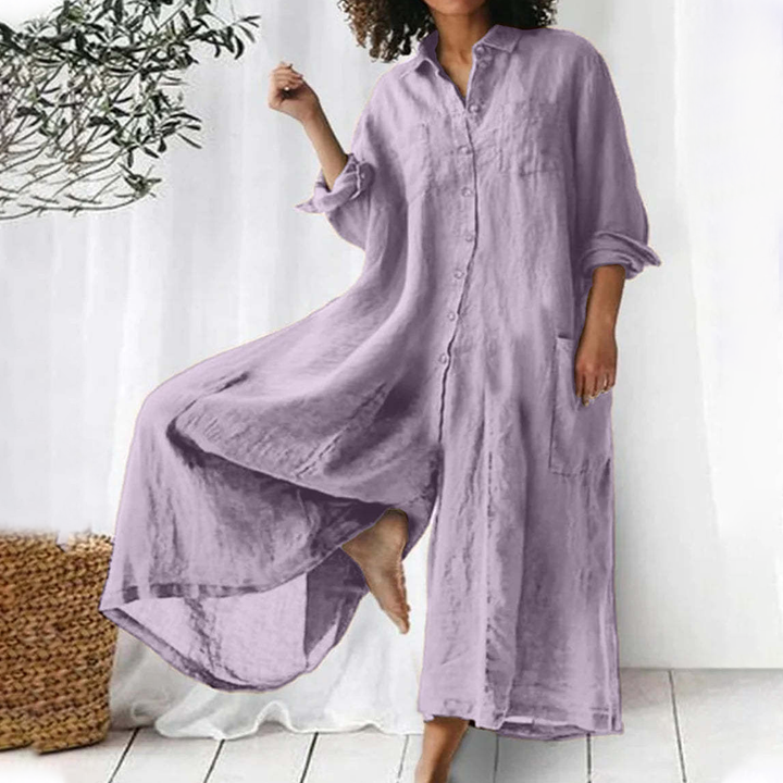 Linen Blend Long Sleeve Shirt Jumpsuit