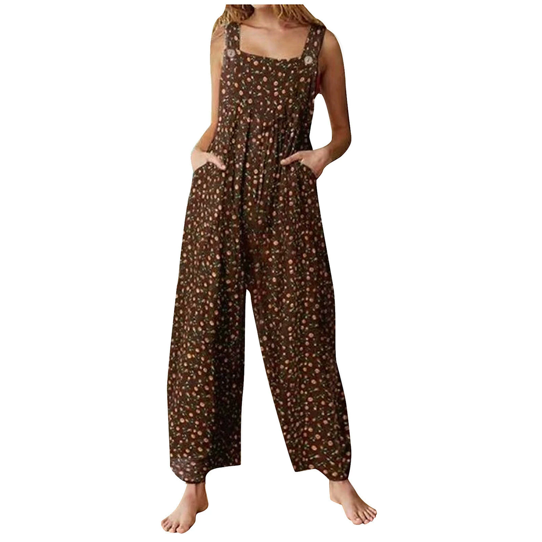 Bohemian Print Wide Leg Jumpsuit with Pockets