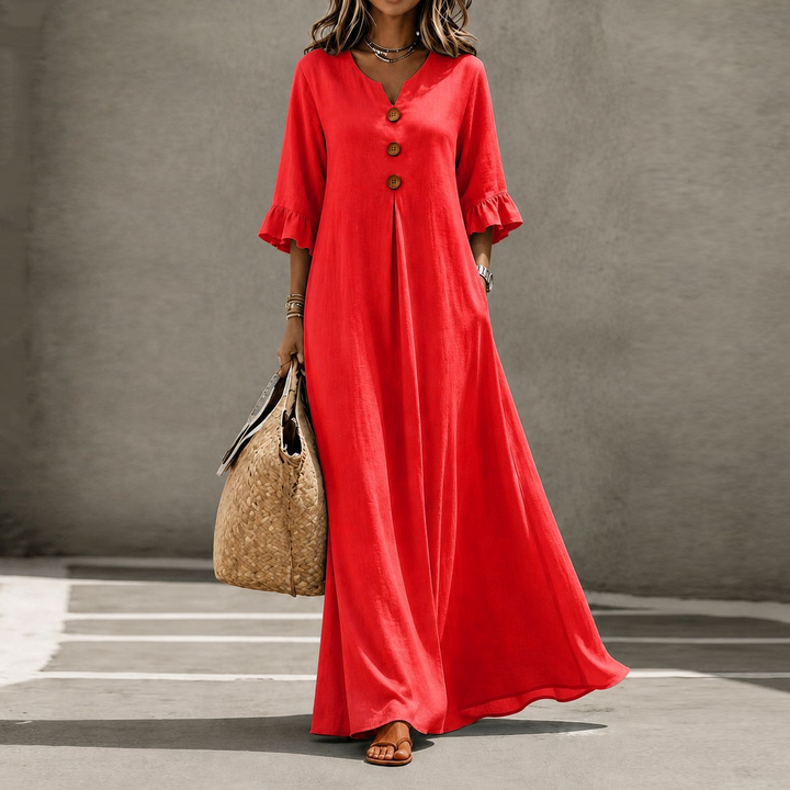 Relaxed Linen Blend Henley Maxi Dress
