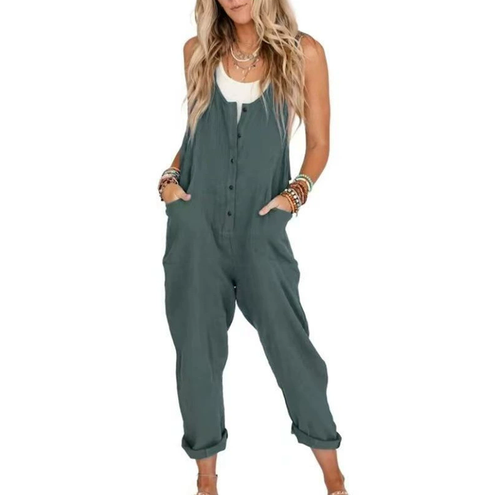 cotton and linen blend sleeveless loose jumpsuit