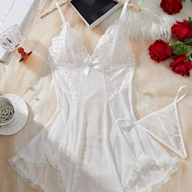 Contrast Lace Bow Mesh Slip Set
