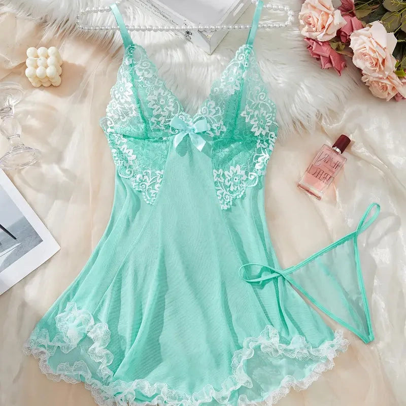 Contrast Lace Bow Mesh Slip Set