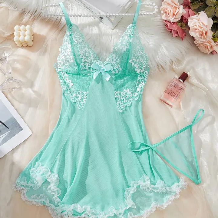Contrast Lace Bow Mesh Slip Set